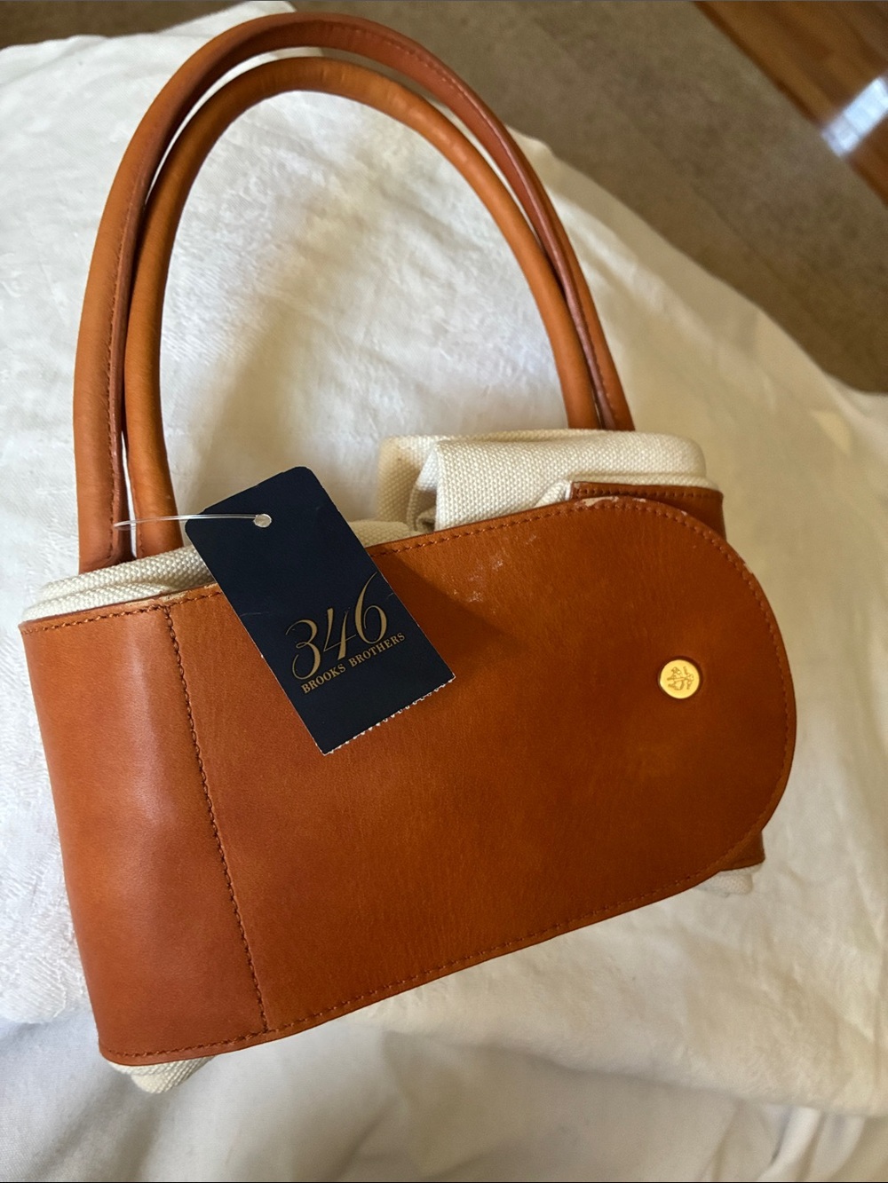 BROOKS BROS Packable Tote Cream/HUGE 18”LEATHER CANVAS GREAT TRAVEL FOLDS UP